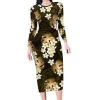 Gold Tropical Hawaii Long Sleeve Bodycon Dress Seamless Monstera Plumeria Hawaiian Pattern - Polynesian Pride
