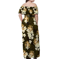 Gold Tropical Hawaii Off Shoulder Maxi Dress Seamless Monstera Plumeria Hawaiian Pattern - Polynesian Pride