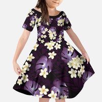 Purple Tropical Hawaii Kid Short Sleeve Dress Seamless Monstera Plumeria Hawaiian Pattern - Polynesian Pride