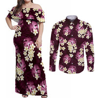 Pink Tropical Hawaii Couples Matching Off Shoulder Maxi Dress and Long Sleeve Button Shirt Seamless Monstera Plumeria Hawaiian Pattern LT14 Pink - Polynesian Pride
