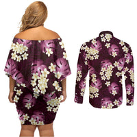 Pink Tropical Hawaii Couples Matching Off Shoulder Short Dress and Long Sleeve Button Shirt Seamless Monstera Plumeria Hawaiian Pattern LT14 - Polynesian Pride