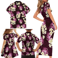 Pink Tropical Hawaii Family Matching Short Sleeve Bodycon Dress and Hawaiian Shirt Seamless Monstera Plumeria Hawaiian Pattern - Polynesian Pride