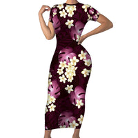 Pink Tropical Hawaii Short Sleeve Bodycon Dress Seamless Monstera Plumeria Hawaiian Pattern - Polynesian Pride