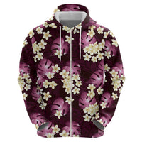 Pink Tropical Hawaii Zip Hoodie Seamless Monstera Plumeria Hawaiian Pattern - Polynesian Pride