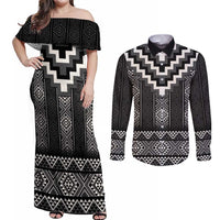Black Taniko Aotearoa Couples Matching Off Shoulder Maxi Dress and Long Sleeve Button Shirt Niho Taniwha Mix Poutama LT14 Black - Polynesian Pride