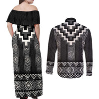 Black Taniko Aotearoa Couples Matching Off Shoulder Maxi Dress and Long Sleeve Button Shirt Niho Taniwha Mix Poutama LT14 - Polynesian Pride