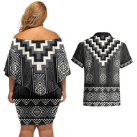 Black Taniko Aotearoa Couples Matching Off Shoulder Short Dress and Hawaiian Shirt Niho Taniwha Mix Poutama LT14 - Polynesian Pride