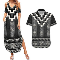 Black Taniko Aotearoa Couples Matching Summer Maxi Dress and Hawaiian Shirt Niho Taniwha Mix Poutama LT14 Black - Polynesian Pride