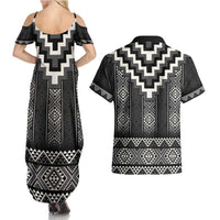 Black Taniko Aotearoa Couples Matching Summer Maxi Dress and Hawaiian Shirt Niho Taniwha Mix Poutama LT14 - Polynesian Pride