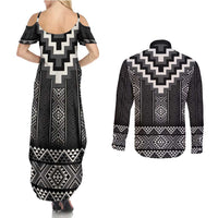 Black Taniko Aotearoa Couples Matching Summer Maxi Dress and Long Sleeve Button Shirt Niho Taniwha Mix Poutama LT14 - Polynesian Pride