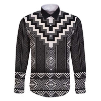 Black Taniko Aotearoa Family Matching Off Shoulder Maxi Dress and Hawaiian Shirt Niho Taniwha Mix Poutama LT14 Dad's Shirt - Long Sleeve Black - Polynesian Pride