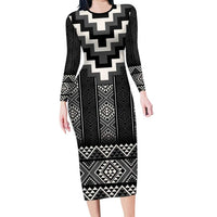 Black Taniko Aotearoa Long Sleeve Bodycon Dress Niho Taniwha Mix Poutama LT14