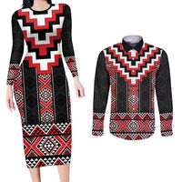 Red Taniko Aotearoa Couples Matching Long Sleeve Bodycon Dress and Long Sleeve Button Shirt Niho Taniwha Mix Poutama LT14 Red - Polynesian Pride