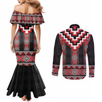 Red Taniko Aotearoa Couples Matching Mermaid Dress and Long Sleeve Button Shirt Niho Taniwha Mix Poutama LT14 - Polynesian Pride