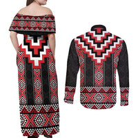 Red Taniko Aotearoa Couples Matching Off Shoulder Maxi Dress and Long Sleeve Button Shirt Niho Taniwha Mix Poutama LT14 - Polynesian Pride