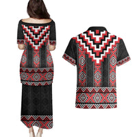 Red Taniko Aotearoa Couples Matching Puletasi and Hawaiian Shirt Niho Taniwha Mix Poutama LT14 - Polynesian Pride