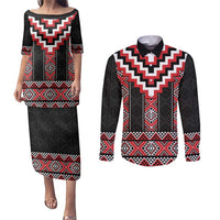Red Taniko Aotearoa Couples Matching Puletasi and Long Sleeve Button Shirt Niho Taniwha Mix Poutama LT14 Red - Polynesian Pride