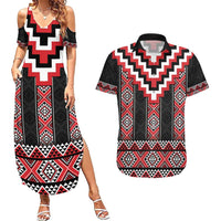 Red Taniko Aotearoa Couples Matching Summer Maxi Dress and Hawaiian Shirt Niho Taniwha Mix Poutama LT14 Red - Polynesian Pride