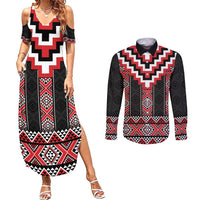 Red Taniko Aotearoa Couples Matching Summer Maxi Dress and Long Sleeve Button Shirt Niho Taniwha Mix Poutama LT14 Red - Polynesian Pride