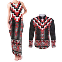 Red Taniko Aotearoa Couples Matching Tank Maxi Dress and Long Sleeve Button Shirt Niho Taniwha Mix Poutama LT14 Red - Polynesian Pride