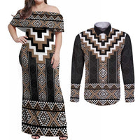 Brown Taniko Aotearoa Couples Matching Off Shoulder Maxi Dress and Long Sleeve Button Shirt Niho Taniwha Mix Poutama LT14