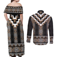 Brown Taniko Aotearoa Couples Matching Off Shoulder Maxi Dress and Long Sleeve Button Shirt Niho Taniwha Mix Poutama LT14