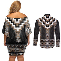 Brown Taniko Aotearoa Couples Matching Off Shoulder Short Dress and Long Sleeve Button Shirt Niho Taniwha Mix Poutama LT14 - Polynesian Pride