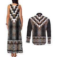 Brown Taniko Aotearoa Couples Matching Tank Maxi Dress and Long Sleeve Button Shirt Niho Taniwha Mix Poutama LT14 - Polynesian Pride