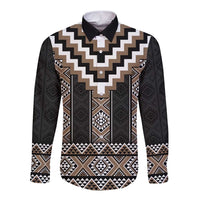 Brown Taniko Aotearoa Long Sleeve Button Shirt Niho Taniwha Mix Poutama LT14 Unisex Brown - Polynesian Pride