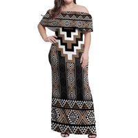 Brown Taniko Aotearoa Off Shoulder Maxi Dress Niho Taniwha Mix Poutama LT14 Women Brown - Polynesian Pride