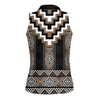 Brown Taniko Aotearoa Women Sleeveless Polo Shirt Niho Taniwha Mix Poutama LT14 - Polynesian Pride