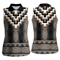 Brown Taniko Aotearoa Women Sleeveless Polo Shirt Niho Taniwha Mix Poutama LT14 - Polynesian Pride