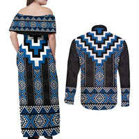 Blue Taniko Aotearoa Couples Matching Off Shoulder Maxi Dress and Long Sleeve Button Shirt Niho Taniwha Mix Poutama LT14 - Polynesian Pride