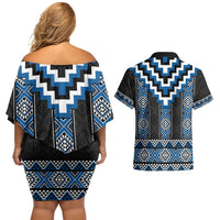Blue Taniko Aotearoa Couples Matching Off Shoulder Short Dress and Hawaiian Shirt Niho Taniwha Mix Poutama LT14 - Polynesian Pride