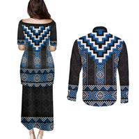 Blue Taniko Aotearoa Couples Matching Puletasi and Long Sleeve Button Shirt Niho Taniwha Mix Poutama LT14 - Polynesian Pride