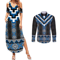 Blue Taniko Aotearoa Couples Matching Summer Maxi Dress and Long Sleeve Button Shirt Niho Taniwha Mix Poutama LT14 Blue - Polynesian Pride