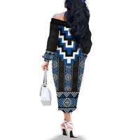 Blue Taniko Aotearoa Family Matching Off The Shoulder Long Sleeve Dress and Hawaiian Shirt Niho Taniwha Mix Poutama LT14