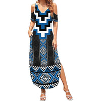 Blue Taniko Aotearoa Summer Maxi Dress Niho Taniwha Mix Poutama LT14 Women Blue - Polynesian Pride
