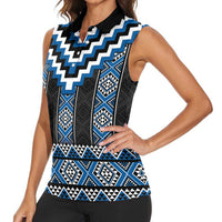 Blue Taniko Aotearoa Women Sleeveless Polo Shirt Niho Taniwha Mix Poutama LT14 - Polynesian Pride