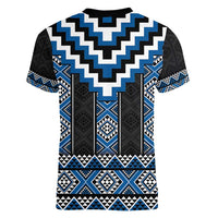 Blue Taniko Aotearoa Women V-Neck T-Shirt Niho Taniwha Mix Poutama LT14 - Polynesian Pride
