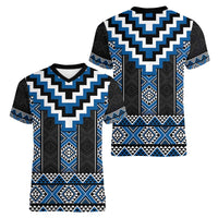 Blue Taniko Aotearoa Women V-Neck T-Shirt Niho Taniwha Mix Poutama LT14 - Polynesian Pride
