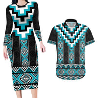 Turquoise Taniko Pattern Aotearoa Couples Matching Long Sleeve Bodycon Dress and Hawaiian Shirt Niho Taniwha Mix Poutama LT14