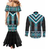 Turquoise Taniko Pattern Aotearoa Couples Matching Mermaid Dress and Long Sleeve Button Shirt Niho Taniwha Mix Poutama LT14 - Polynesian Pride