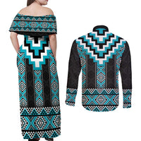 Turquoise Taniko Pattern Aotearoa Couples Matching Off Shoulder Maxi Dress and Long Sleeve Button Shirt Niho Taniwha Mix Poutama LT14 - Polynesian Pride