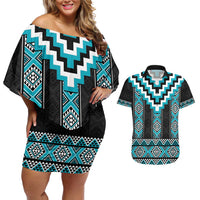 Turquoise Taniko Pattern Aotearoa Couples Matching Off Shoulder Short Dress and Hawaiian Shirt Niho Taniwha Mix Poutama LT14 Turquoise - Polynesian Pride