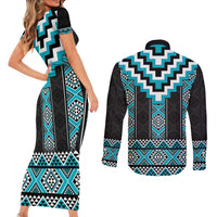 Turquoise Taniko Pattern Aotearoa Couples Matching Short Sleeve Bodycon Dress and Long Sleeve Button Shirt Niho Taniwha Mix Poutama LT14 - Polynesian Pride