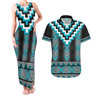 Turquoise Taniko Pattern Aotearoa Couples Matching Tank Maxi Dress and Hawaiian Shirt Niho Taniwha Mix Poutama LT14 Turquoise - Polynesian Pride
