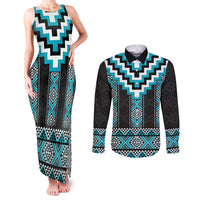 Turquoise Taniko Pattern Aotearoa Couples Matching Tank Maxi Dress and Long Sleeve Button Shirt Niho Taniwha Mix Poutama LT14 Turquoise - Polynesian Pride