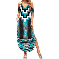 Turquoise Taniko Pattern Aotearoa Family Matching Summer Maxi Dress and Hawaiian Shirt Niho Taniwha Mix Poutama LT14