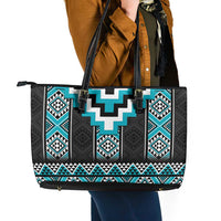 Turquoise Taniko Pattern Aotearoa Leather Tote Bag Niho Taniwha Mix Poutama LT14 - Polynesian Pride